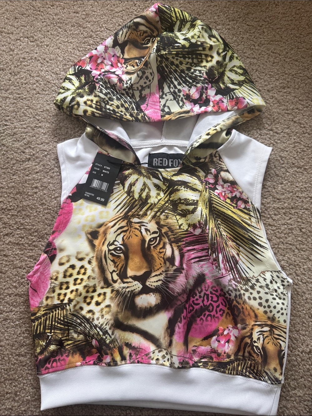 Red Fox Girls' White & Pink Tiger Print Hooded Tank Top